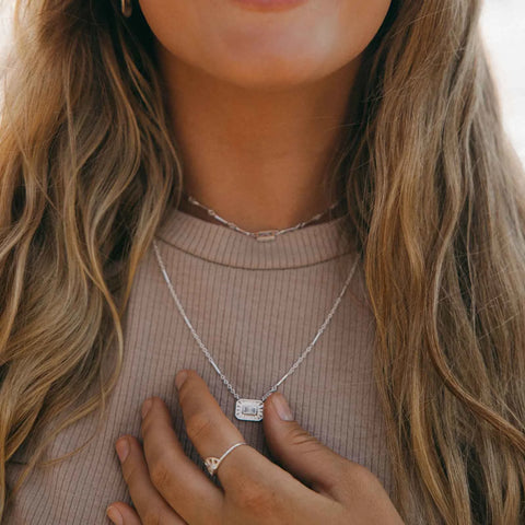 Silver Baguette Sunburst Pendant Necklace